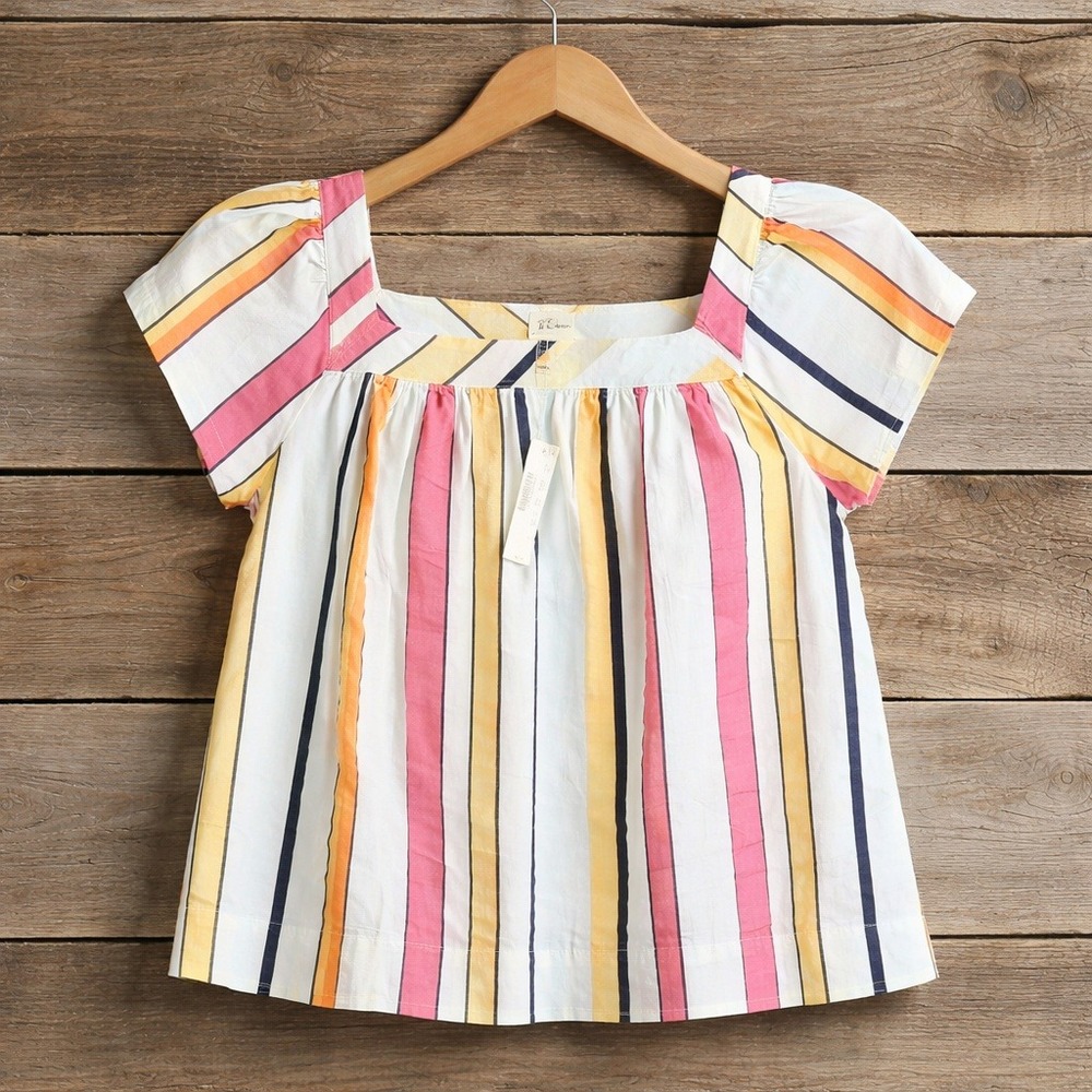 J.Crew M Womens Multi Color Striped Square Neck Puff Sleeve Blouse Top AN409 NWT